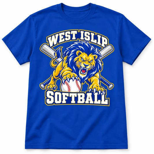 West Islip Softball Pounce Lion royal blue T-shirt with crossed bats and white softball