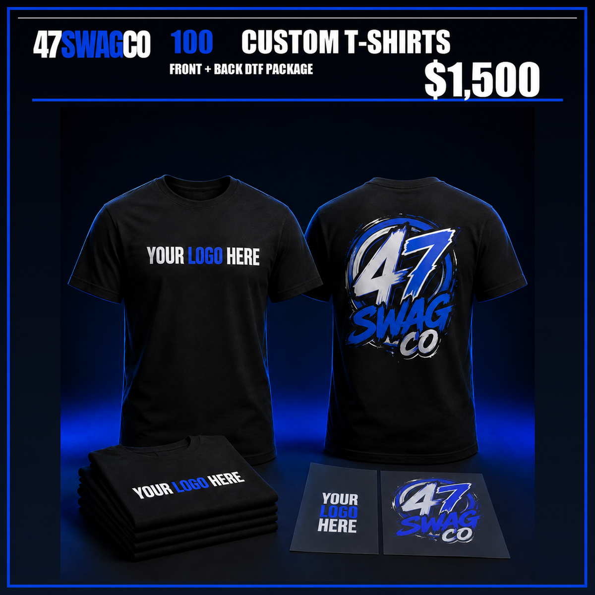 100 custom T-shirts with front and back DTF printing — $1,500