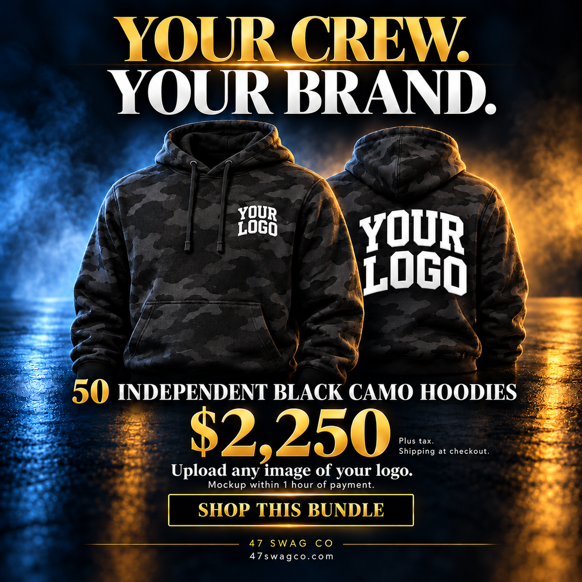 50 Independent black camo hoodies — small left chest logo and large back logo
