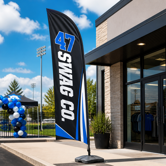 Custom 12-foot jumbo feather flag branded for 47 Swag Co