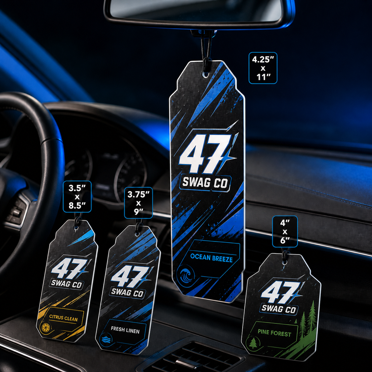 47 Swag Co custom scented air freshener mirror hangers in four sizes