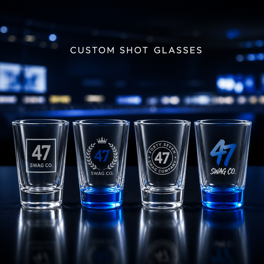 Custom clear and colored-base shot glasses branded by 47 Swag Co