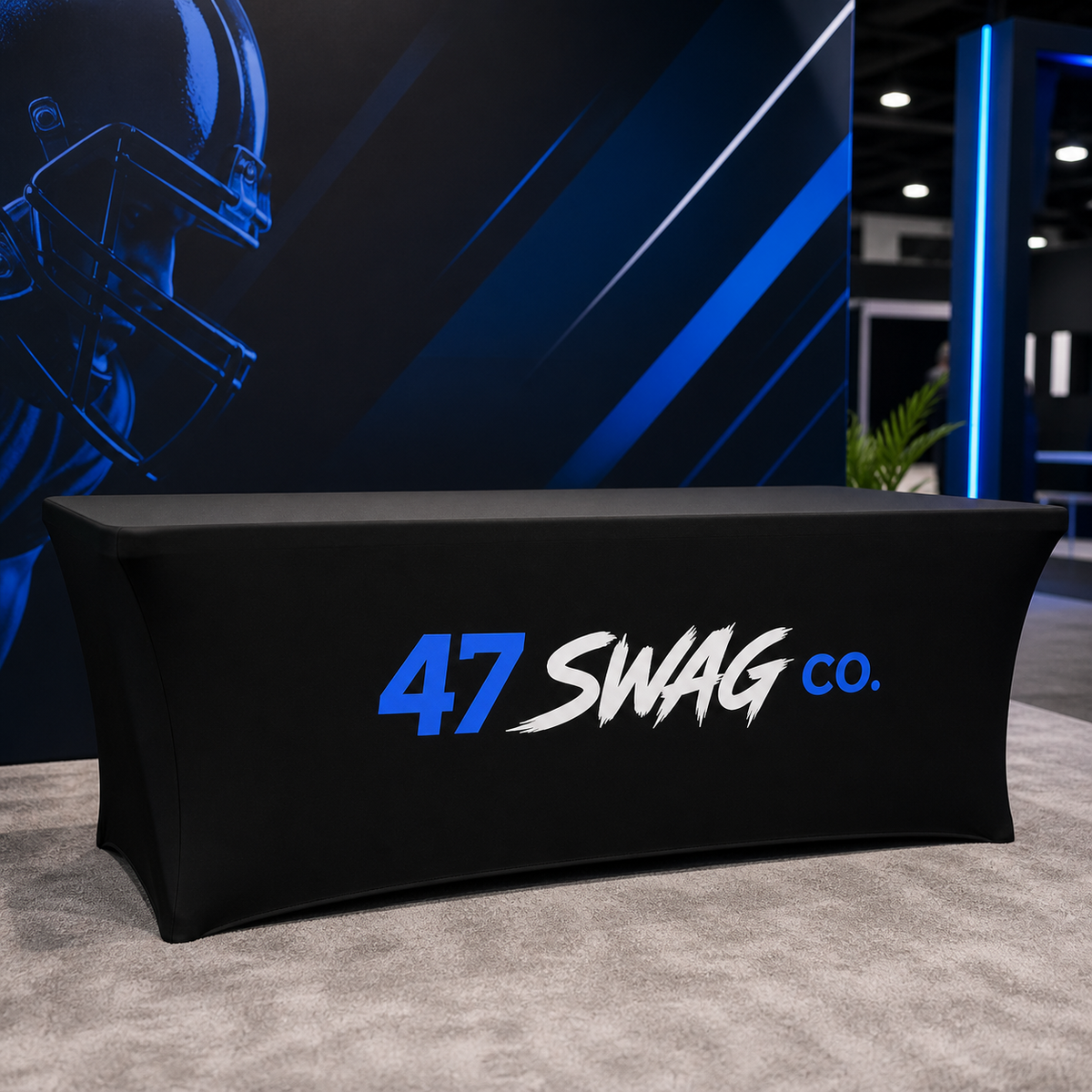 Custom fitted black table cover branded for 47 Swag Co