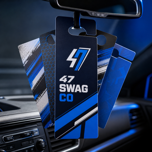 47 Swag Co custom large full-color mirror hang tags in a black and electric blue sports vehicle