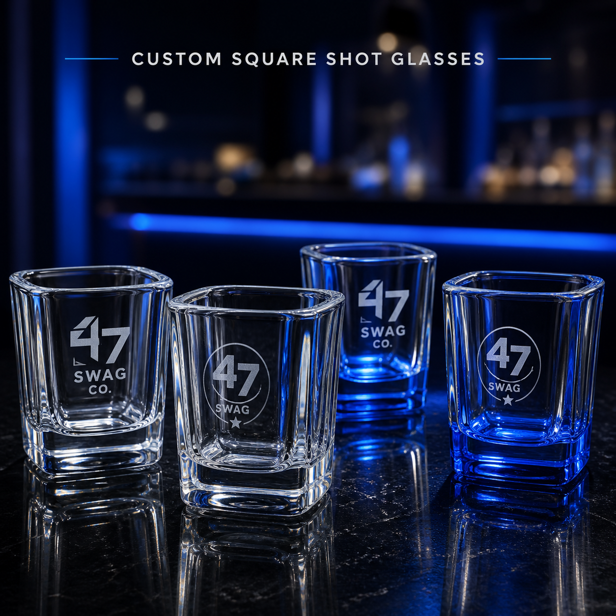 Square clear and colored-base custom shot glasses branded by 47 Swag Co