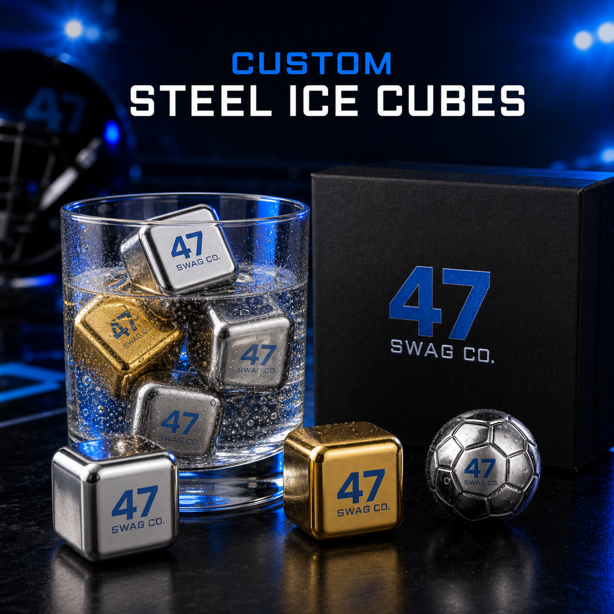 Custom silver, gold, and soccer-ball stainless steel ice cubes by 47 Swag Co