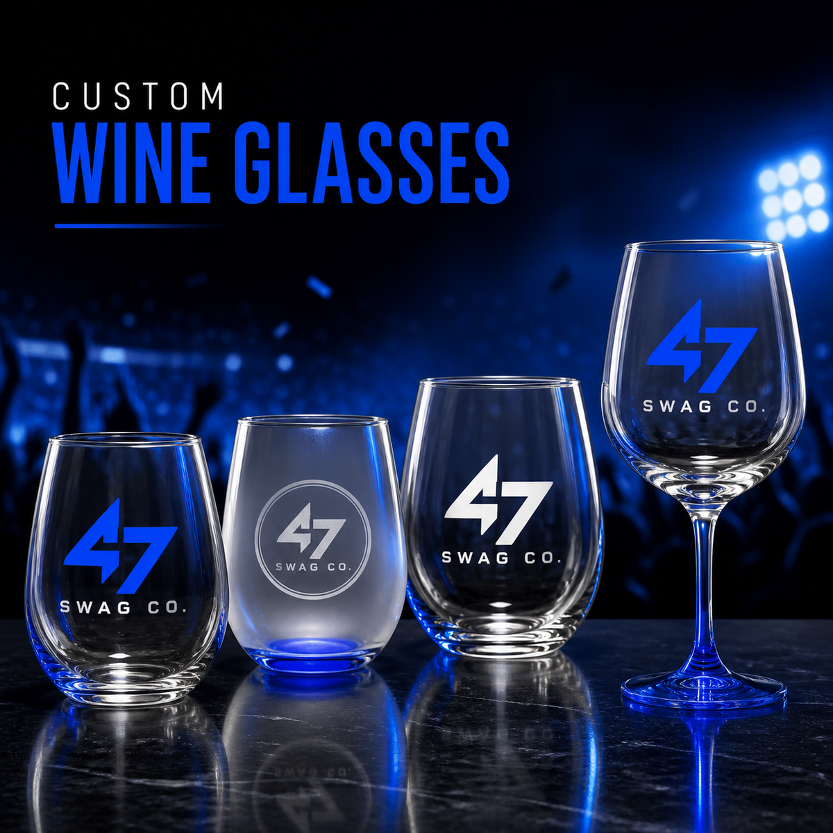 47 Swag Co custom wine glasses in four popular styles