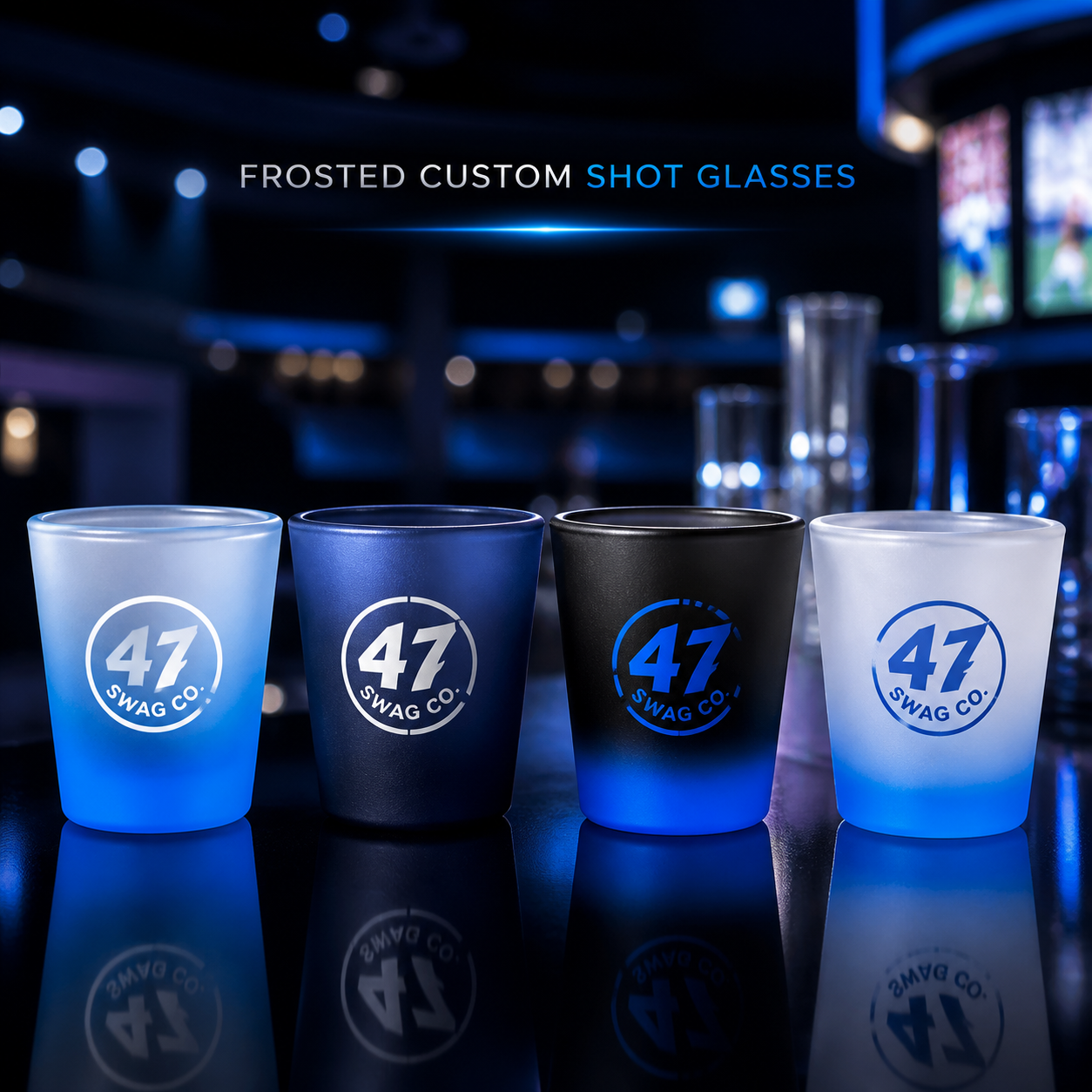 Frosted soft colored custom shot glasses branded by 47 Swag Co