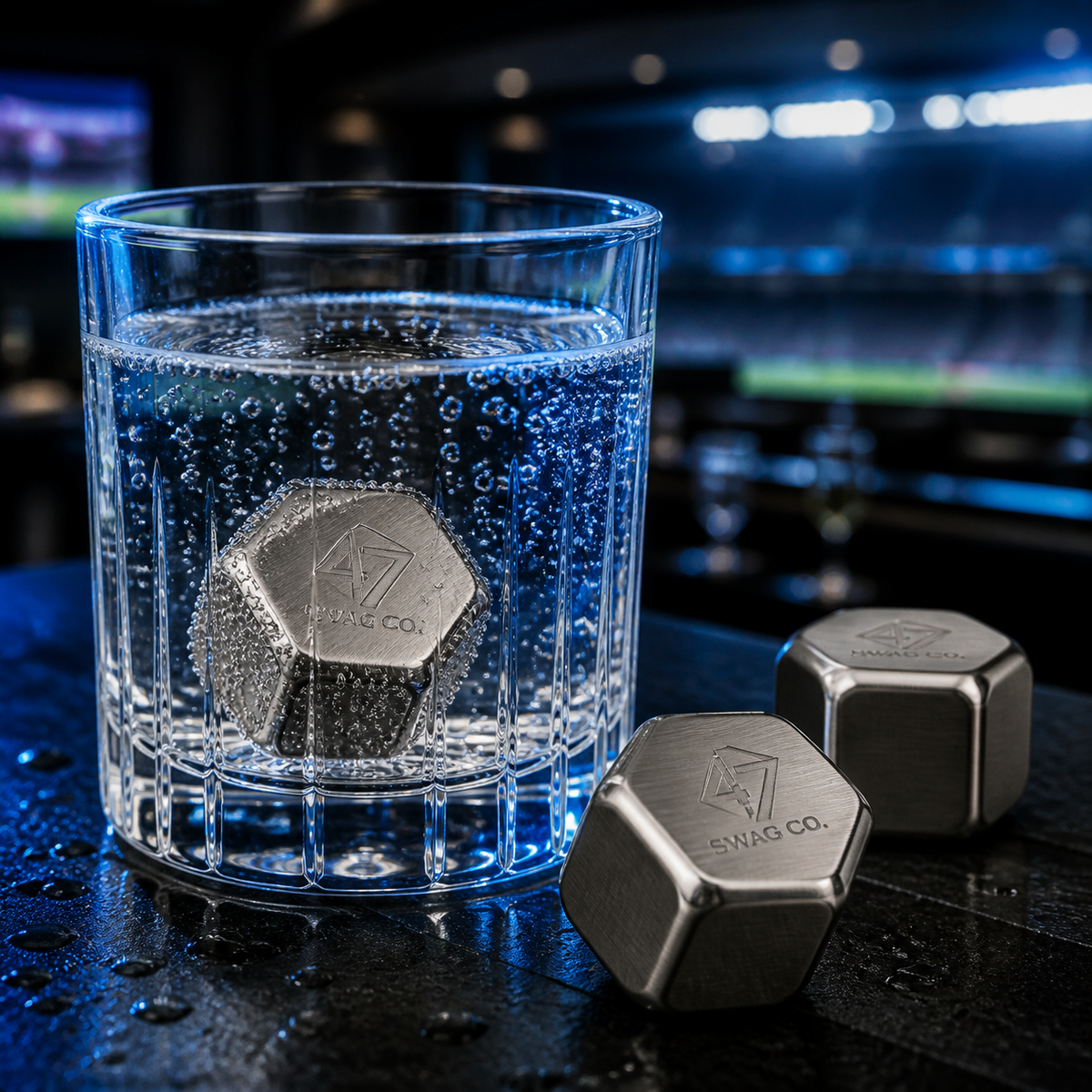 47 Swag Co branded hexagon stainless steel ice cubes chilling a drink in a sports hospitality setting