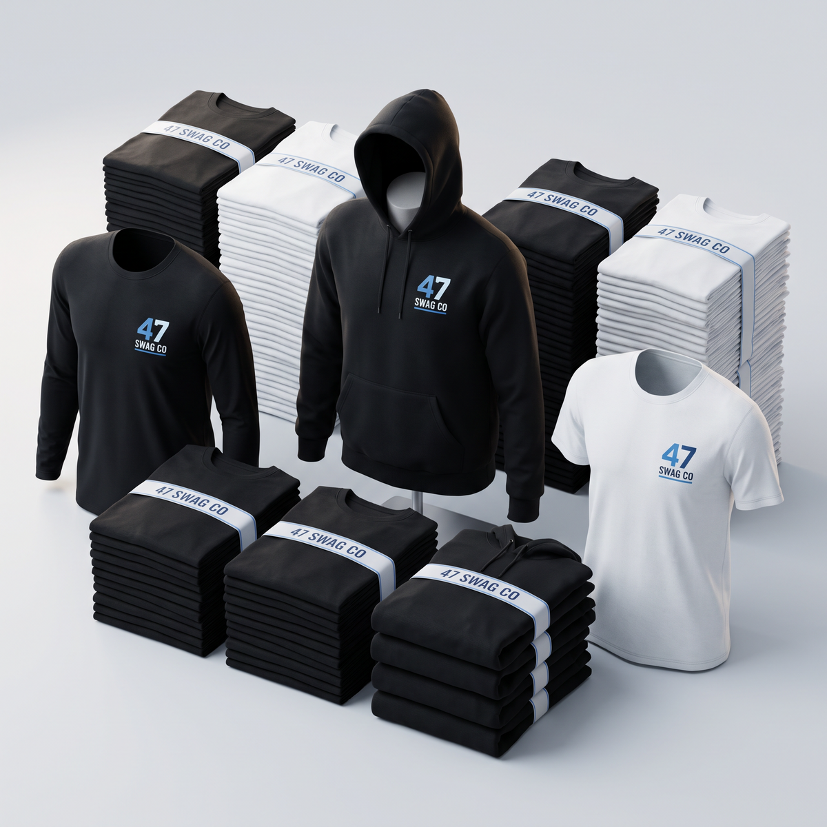 47 Swag Co large business apparel bundle with 100 custom T-shirts, 100 long sleeves, and 50 hoodies