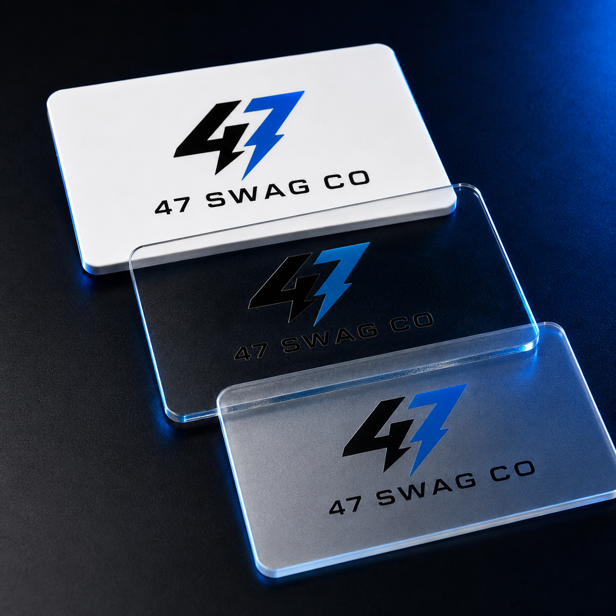 47 Swag Co custom plastic business cards in white, clear, and frosted finishes