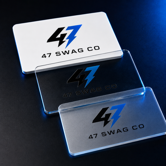 47 Swag Co custom plastic business cards in white, clear, and frosted finishes