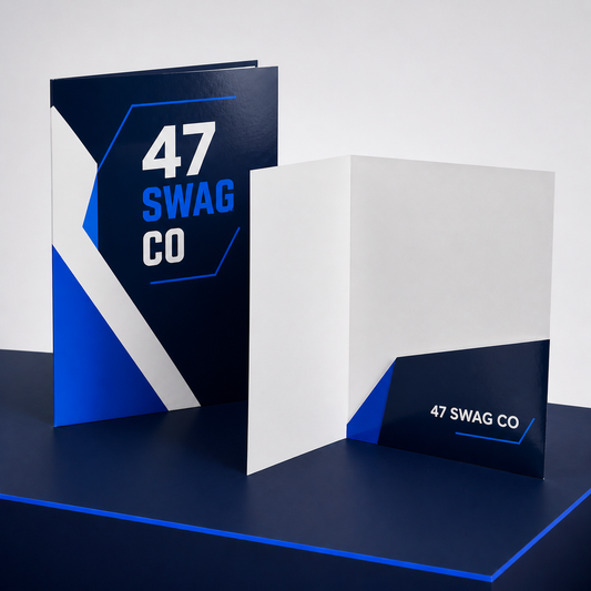 Custom 9 x 12 presentation folders with 47 SWAG CO branding on the cover and single right pocket