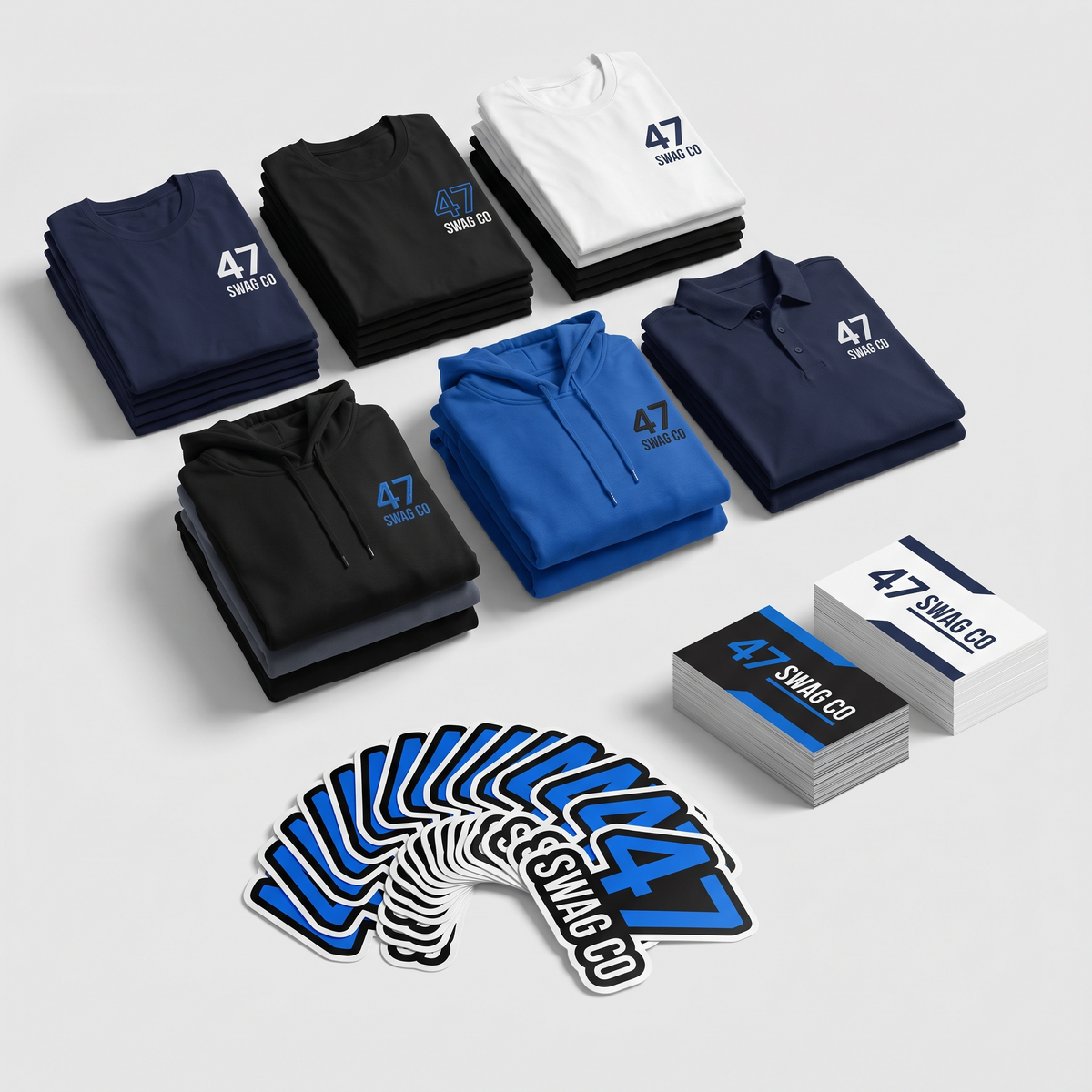 47 Swag Co starter business bundle with apparel, stickers, and business cards