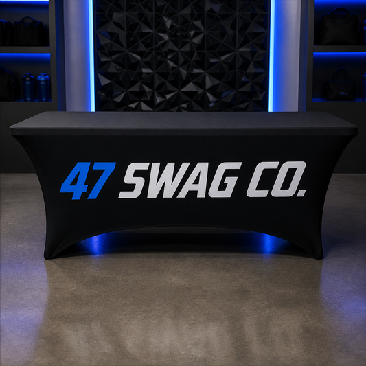 Custom black stretch spandex table cover branded for 47 Swag Co