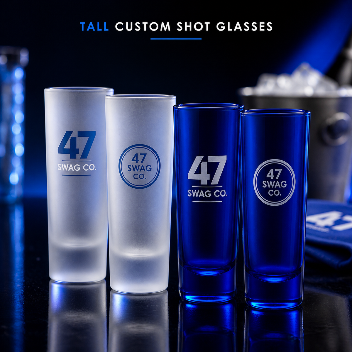 Tall frosted and colored custom shot glasses branded by 47 Swag Co