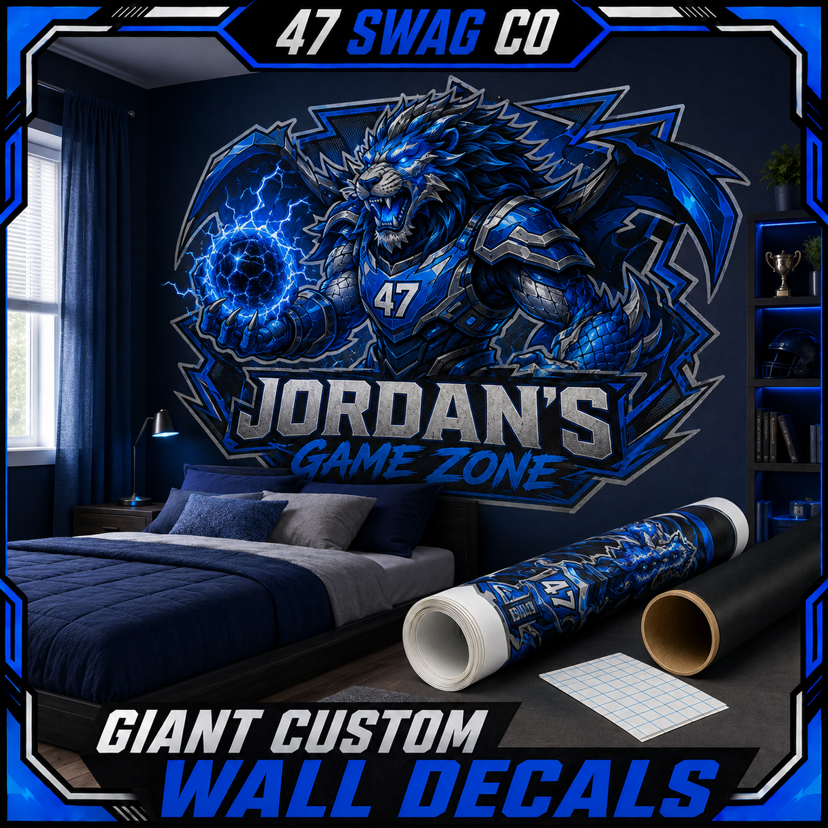 47 Swag Co giant custom wall decal shown in a kids gaming bedroom with rolled decal and shipping tube