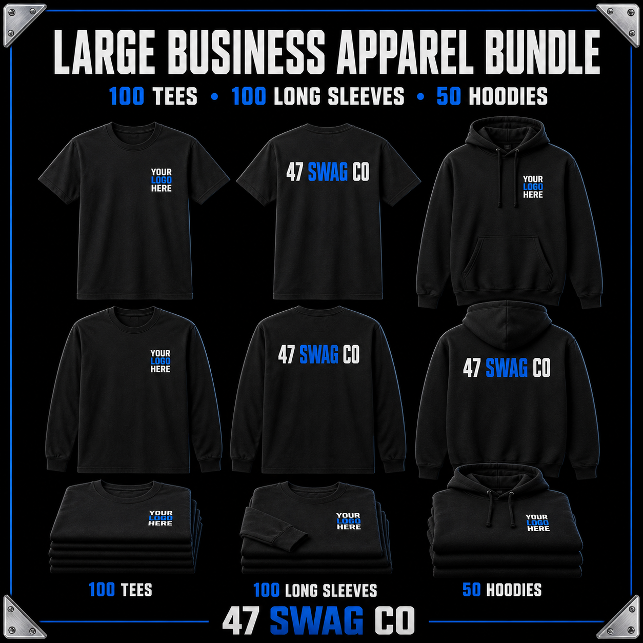 47 Swag Co large apparel bundle — 100 tees, 100 long sleeves, 50 hoodies