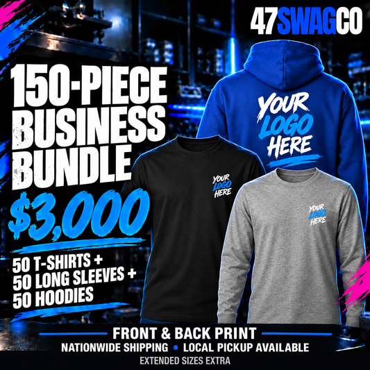 150-piece business apparel bundle for $3,000: 50 T-shirts, 50 long sleeves and 50 hoodies. Front and back print, nationwide shipping and local pickup. Extended sizes extra.