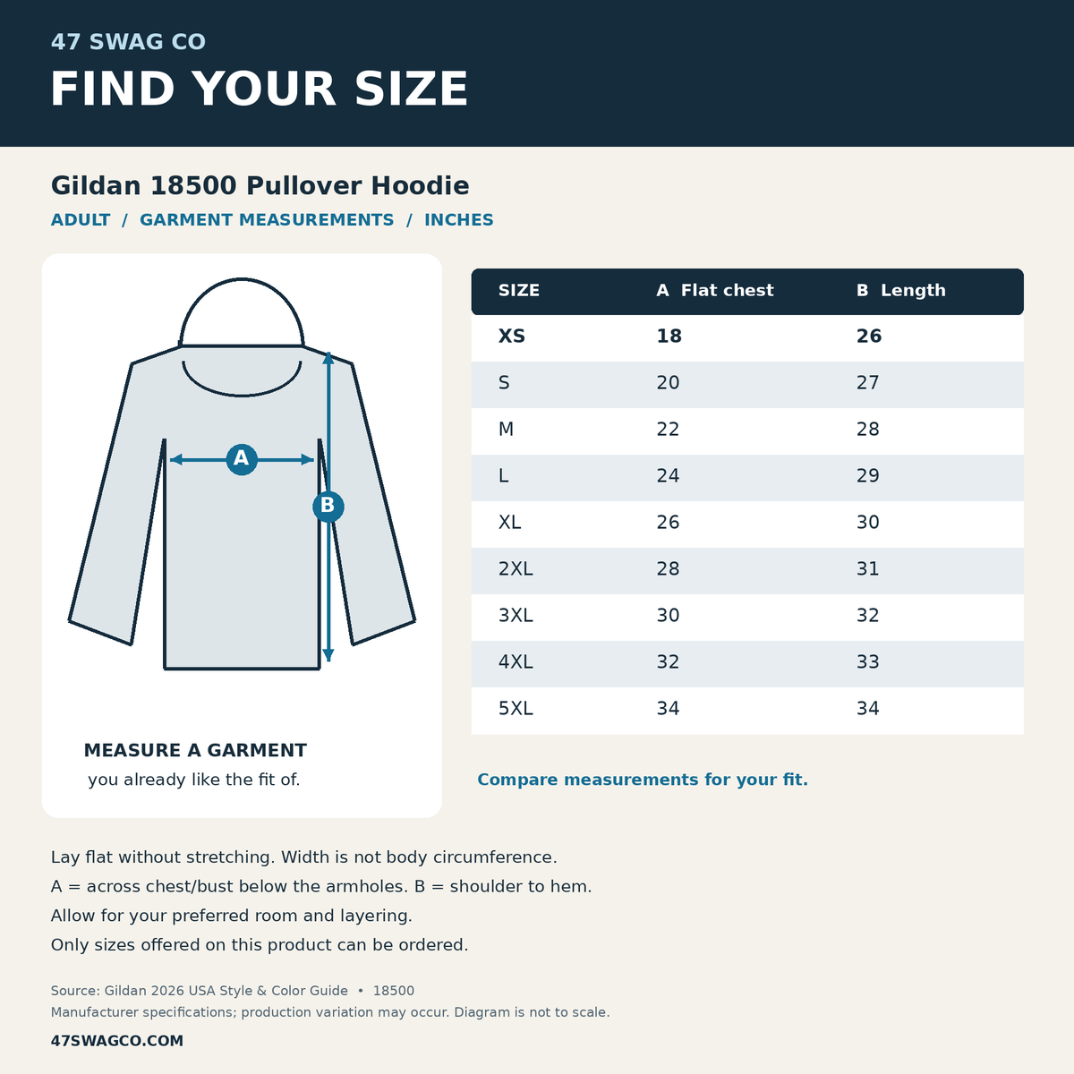Gildan 18500 garment measurements in inches