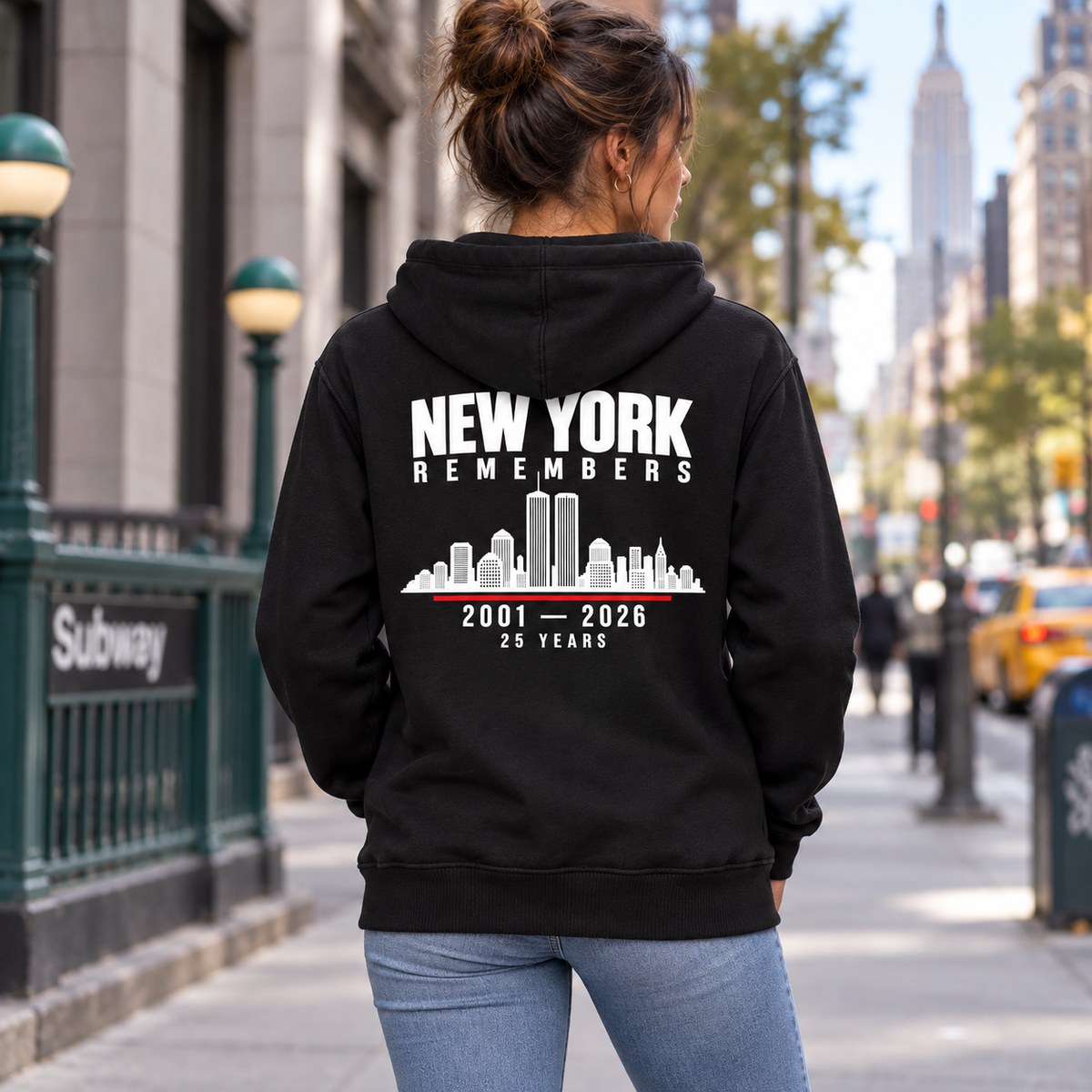The Skyline Remembers 9/11 25th anniversary hoodie — model back