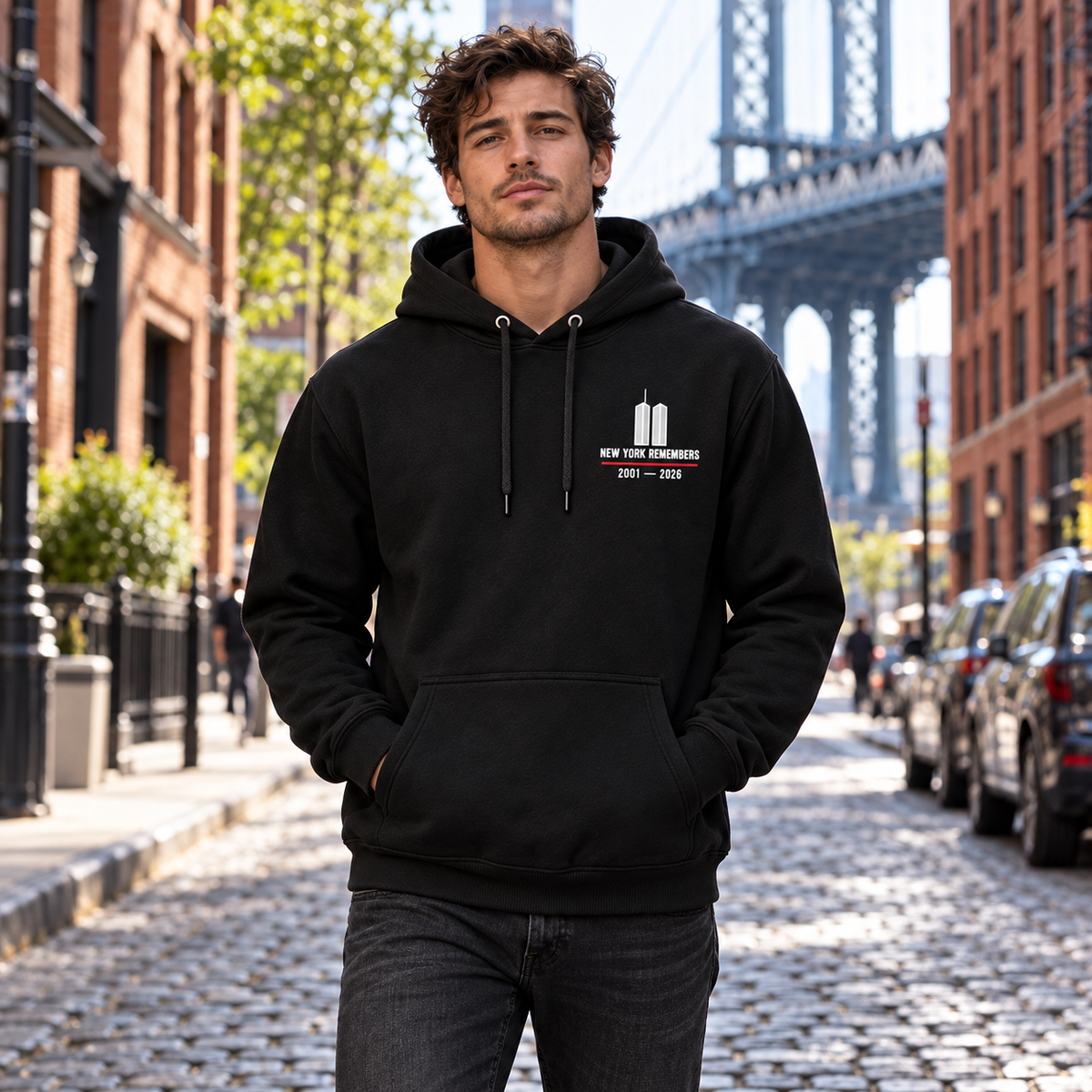 The Skyline Remembers 9/11 25th anniversary hoodie — model front