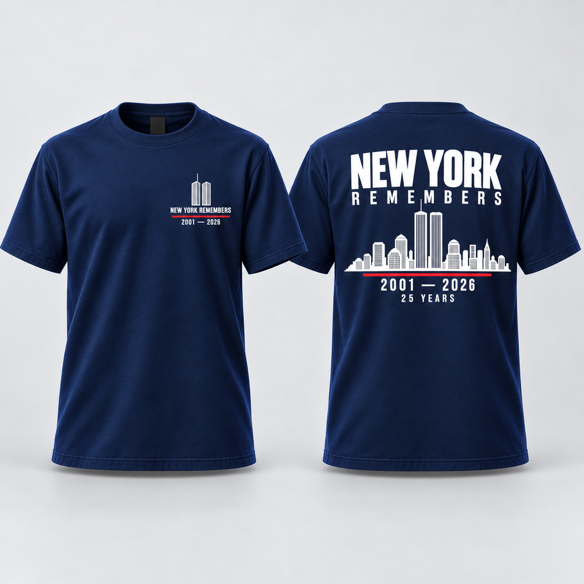 Navy New York Remembers memorial T-shirt front and back with white and red print