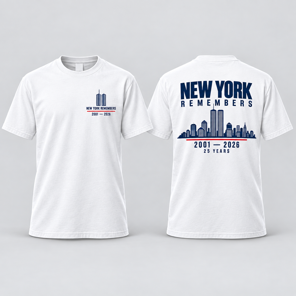 White New York Remembers memorial T-shirt front and back with navy and red print