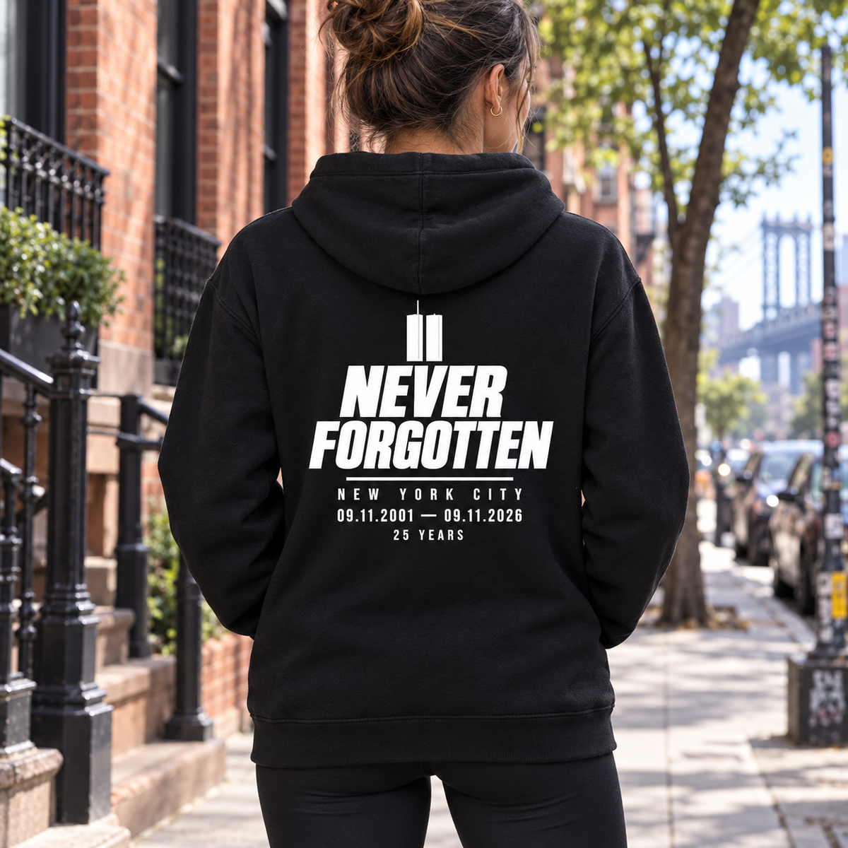 Never Forgotten / NYC memorial Hoodie — model wearing back print