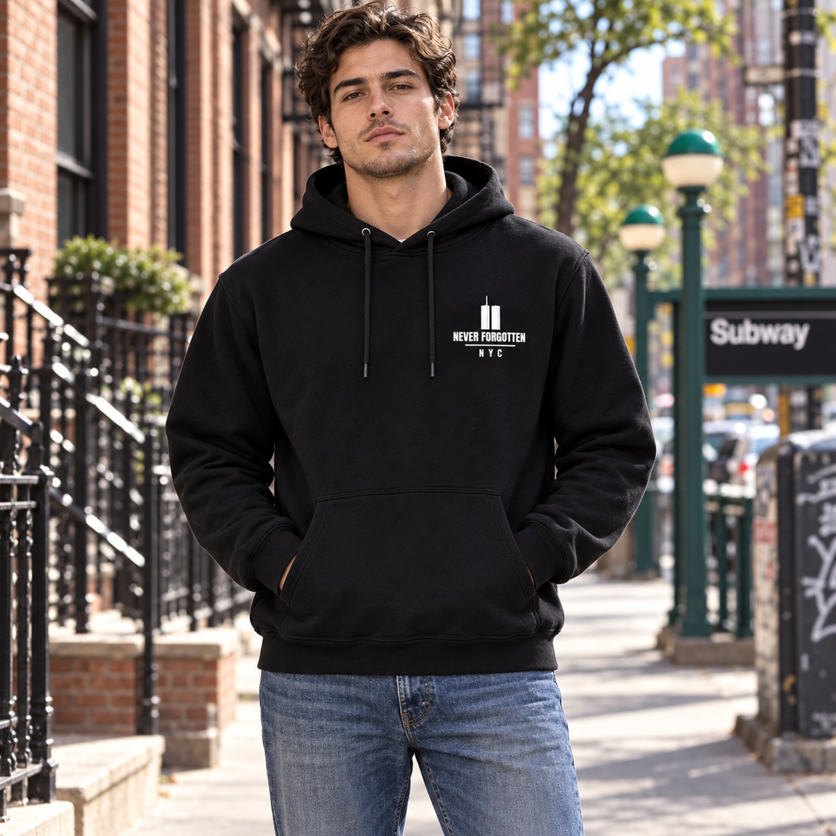 Never Forgotten / NYC memorial Hoodie — model wearing small left chest print