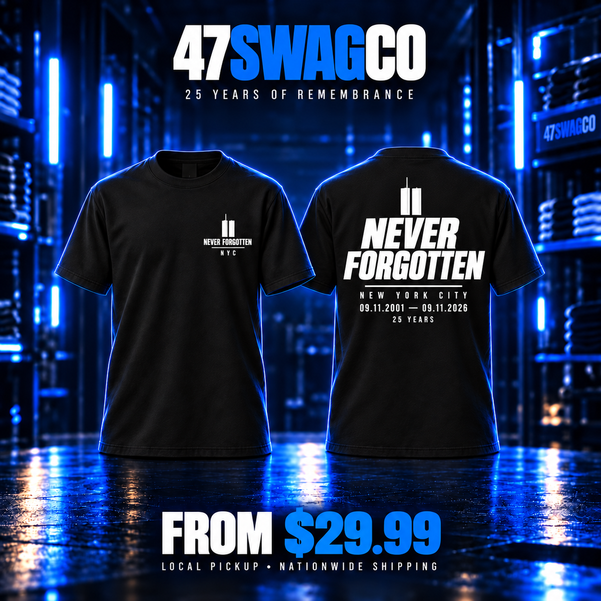 Never Forgotten / NYC memorial T-Shirt — black front and back