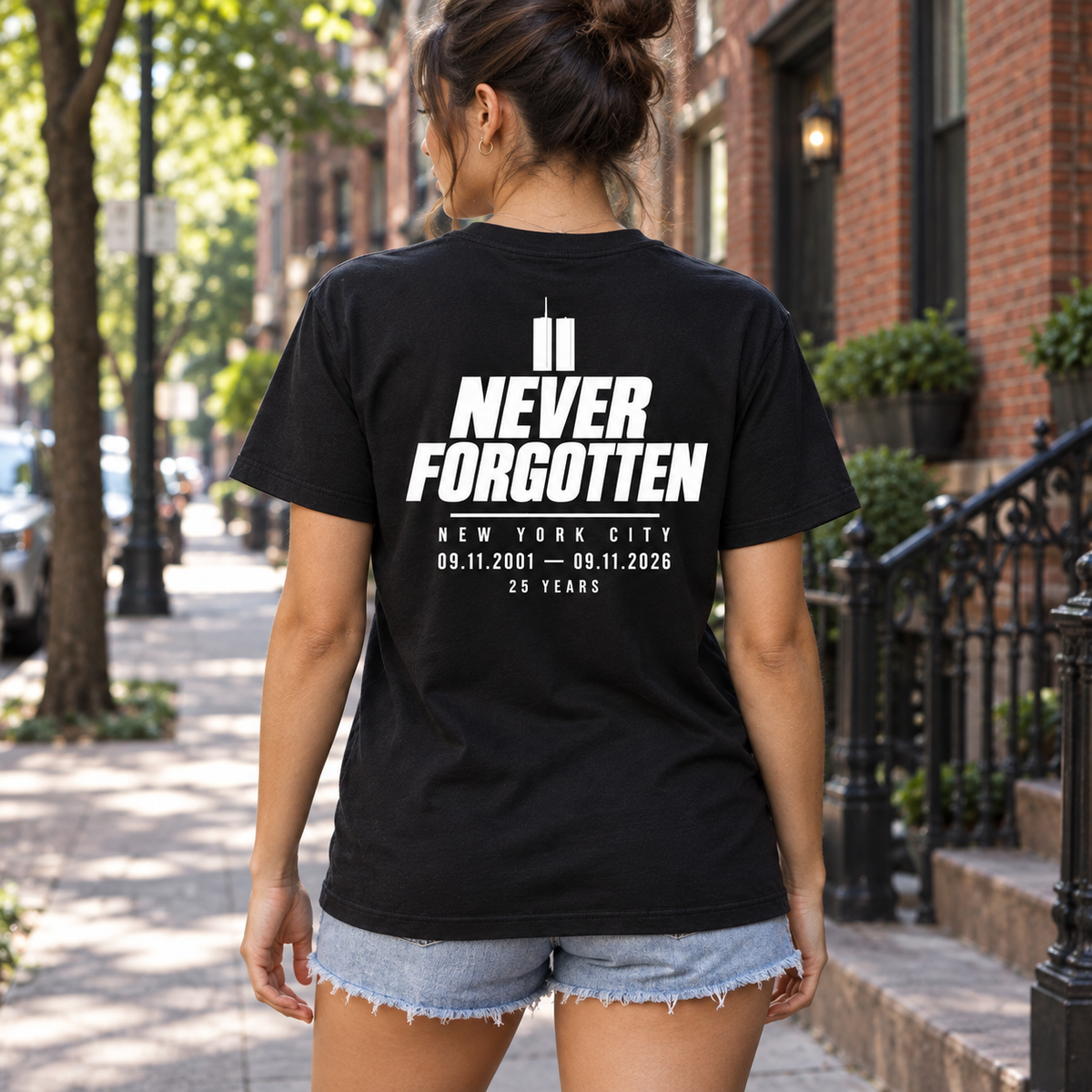 Never Forgotten / NYC memorial T-Shirt — model wearing back print