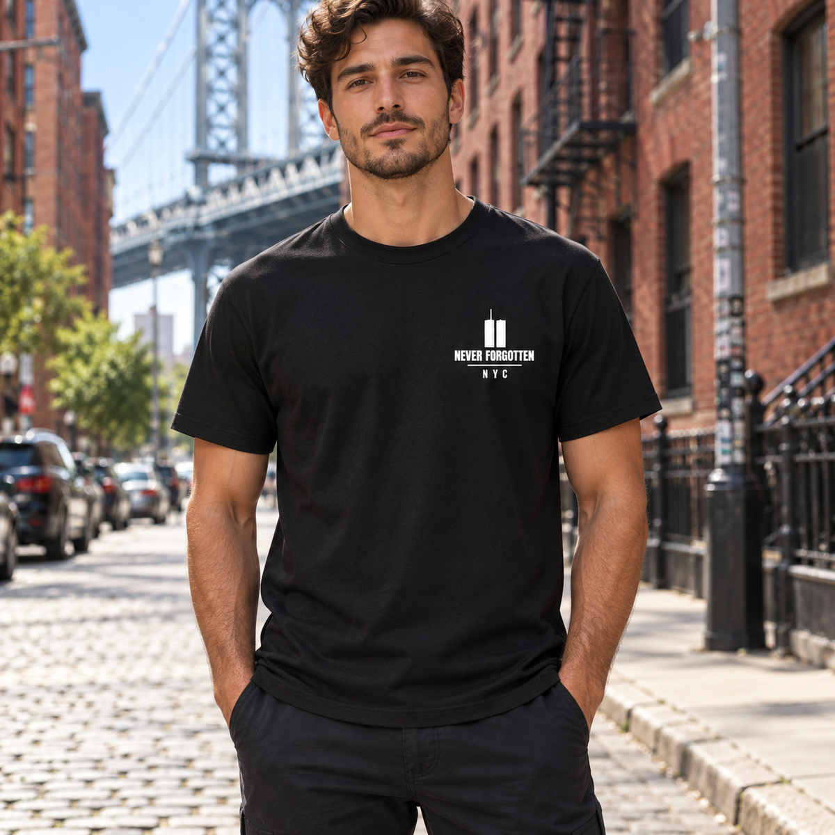 Never Forgotten / NYC memorial T-Shirt — model wearing small left chest print