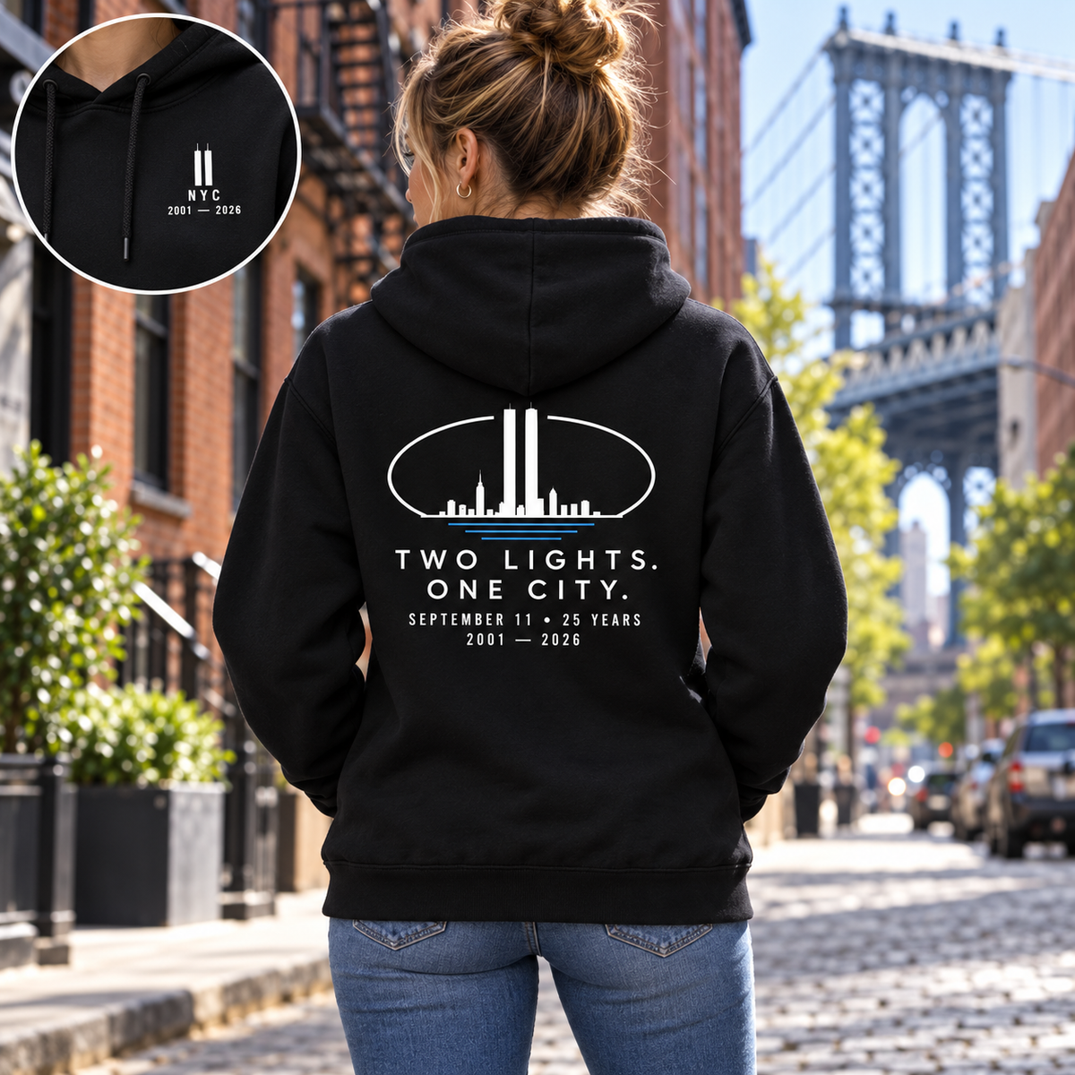 Two Lights. One City. memorial Hoodie — model wearing back print