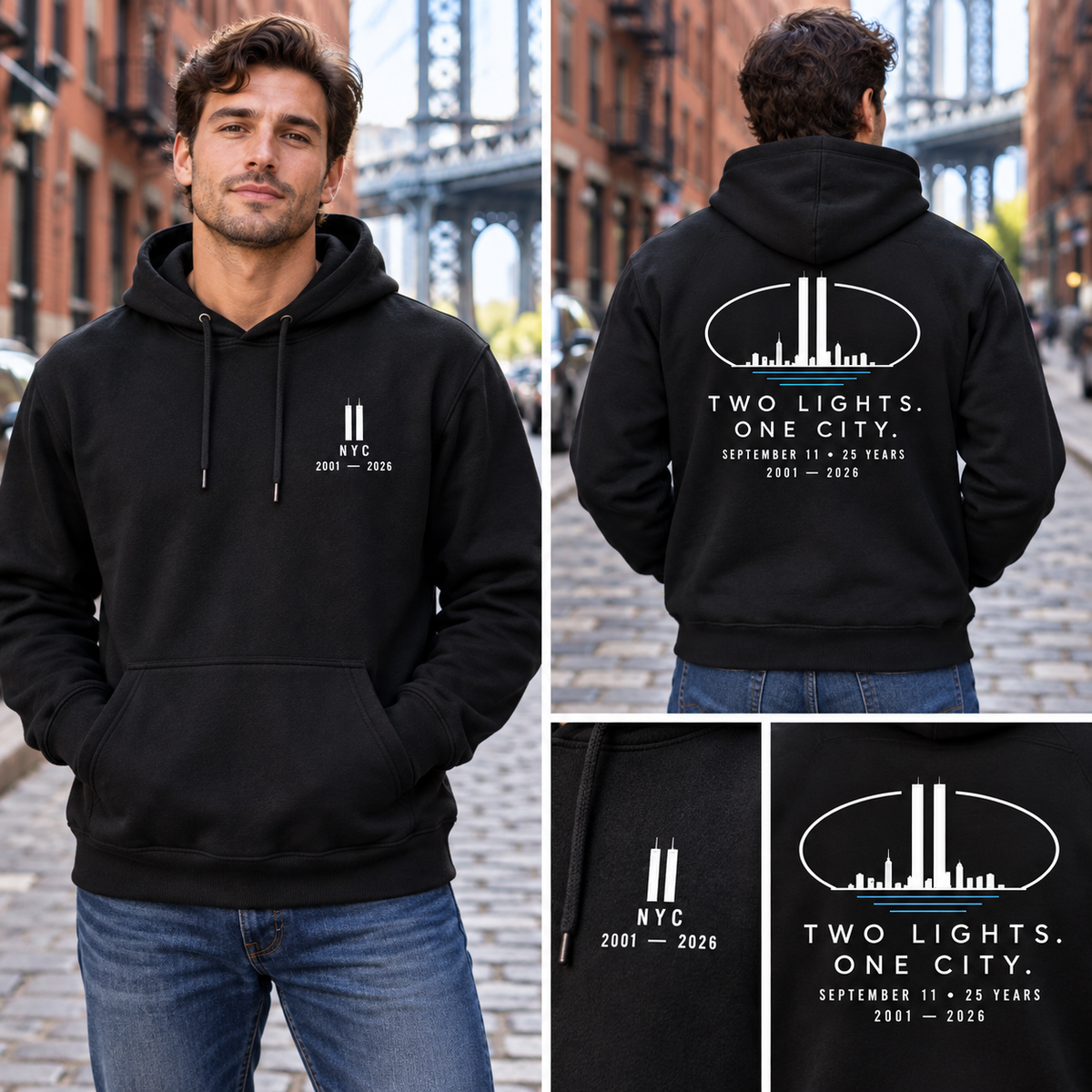 Two Lights. One City. memorial Hoodie — model wearing small left chest print