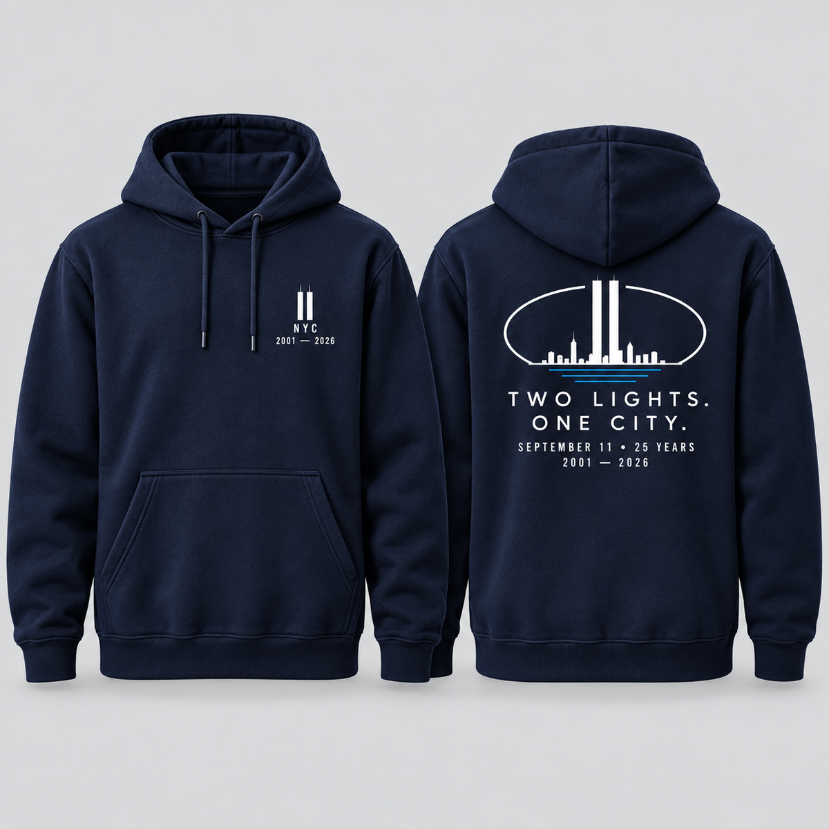 Two Lights. One City. memorial Hoodie — navy front and back