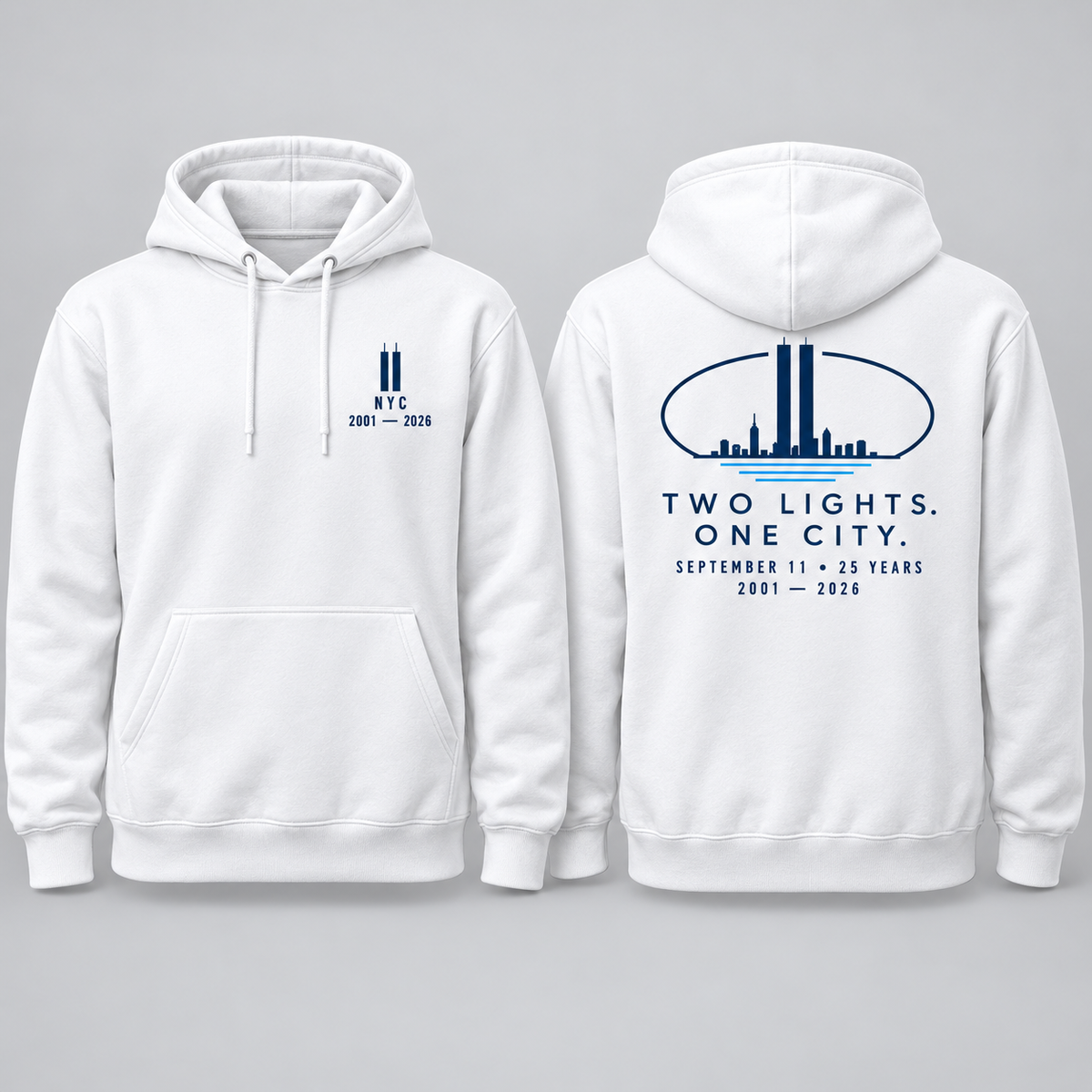 Two Lights. One City. memorial Hoodie — white front and back