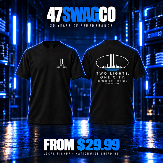 Two Lights. One City. memorial T-Shirt — black front and back