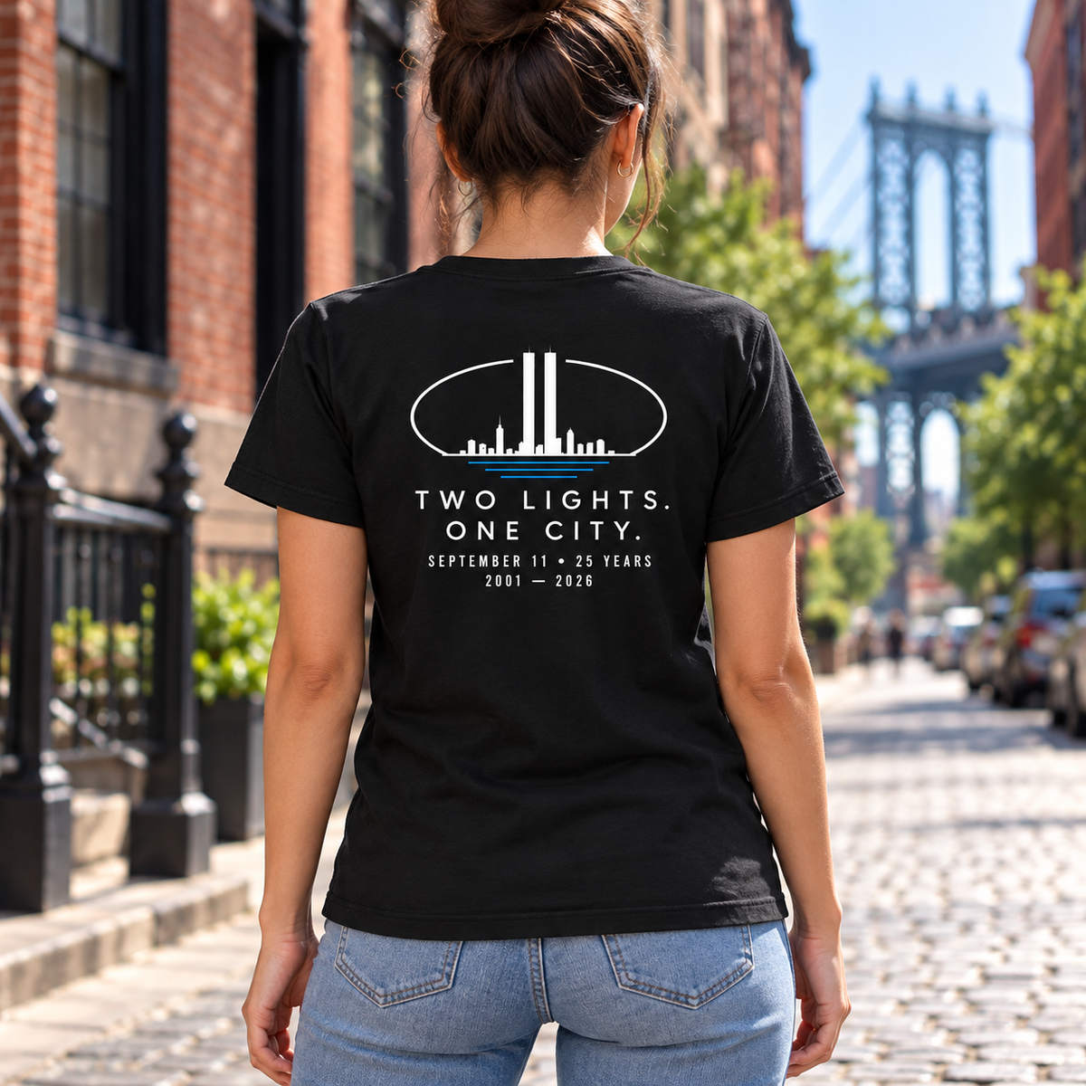 Two Lights. One City. memorial T-Shirt — model wearing back print
