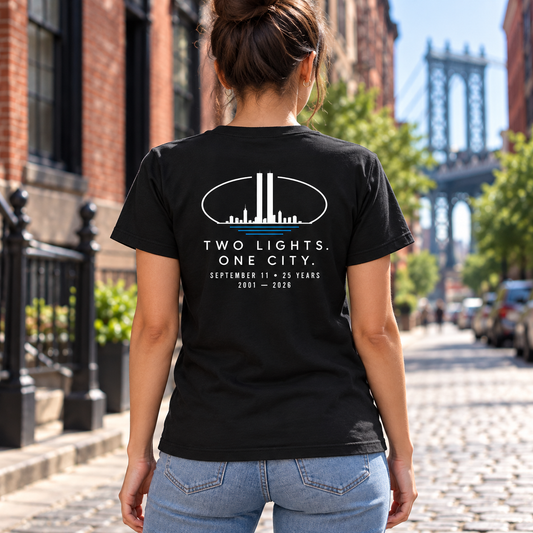 Two Lights. One City. memorial T-Shirt — model wearing back print