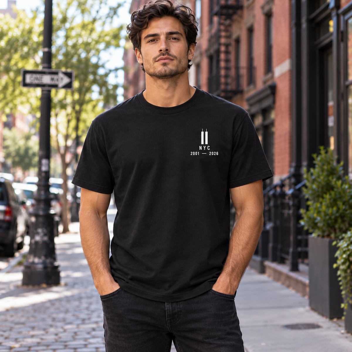 Two Lights. One City. memorial T-Shirt — model wearing small left chest print