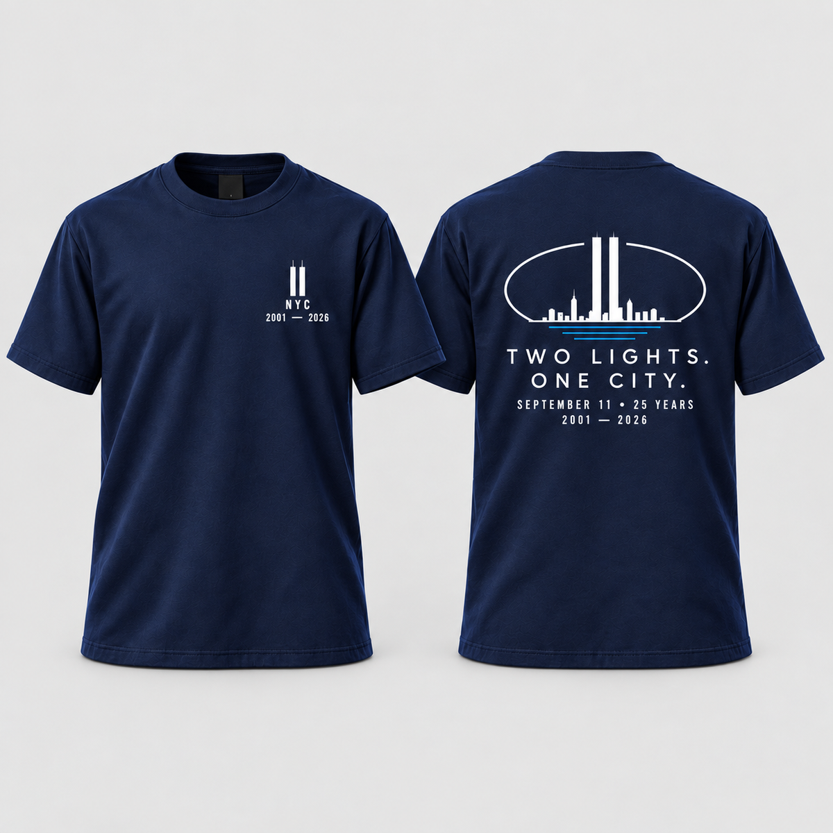 Two Lights. One City. memorial T-Shirt — navy front and back