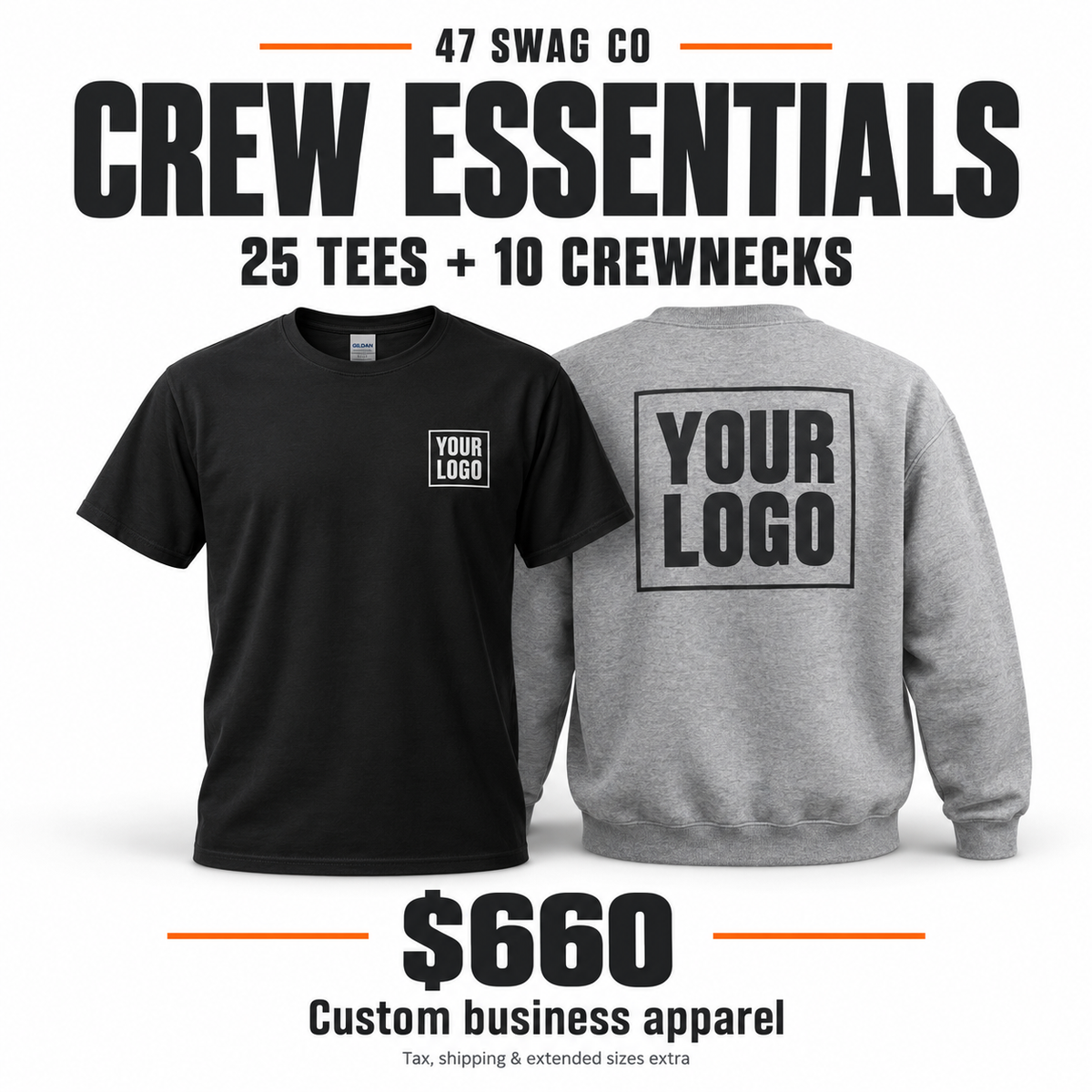 47 Swag Co custom business apparel essentials bundle pricing and sample logo mockups