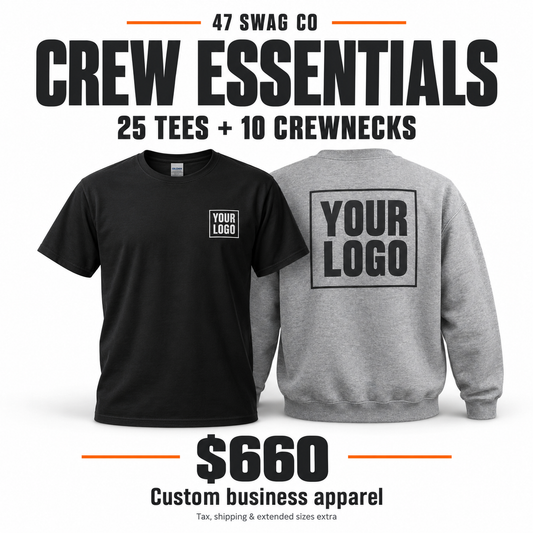 47 Swag Co custom business apparel essentials bundle pricing and sample logo mockups