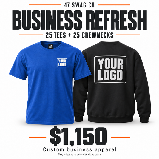 47 Swag Co custom business apparel refresh bundle pricing and sample logo mockups
