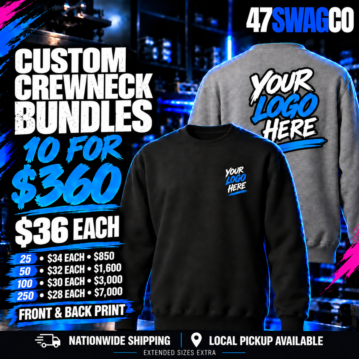 Custom crewneck bundles from 10 for $360; black front and gray back with centered outlined sample artwork. Front and back print, nationwide shipping and local pickup. Extended sizes extra.