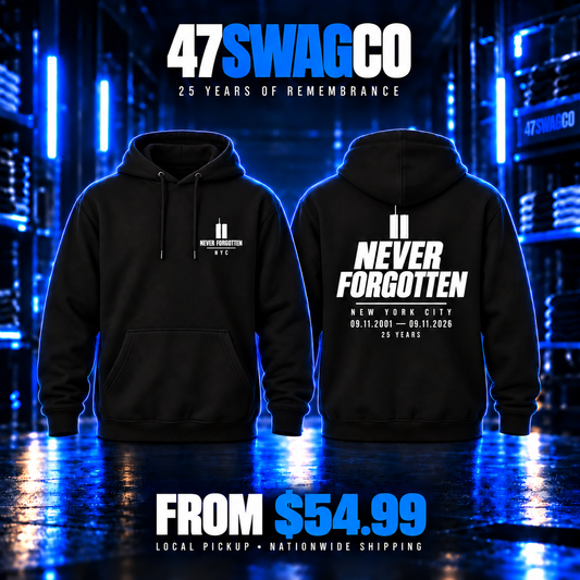 Never Forgotten NYC black memorial hoodie, front and back, from $54.99