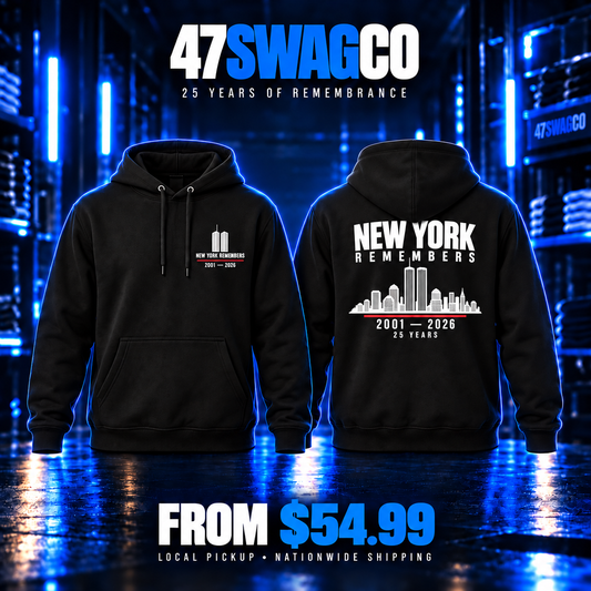 The Skyline Remembers black memorial hoodie, front and back, from $54.99