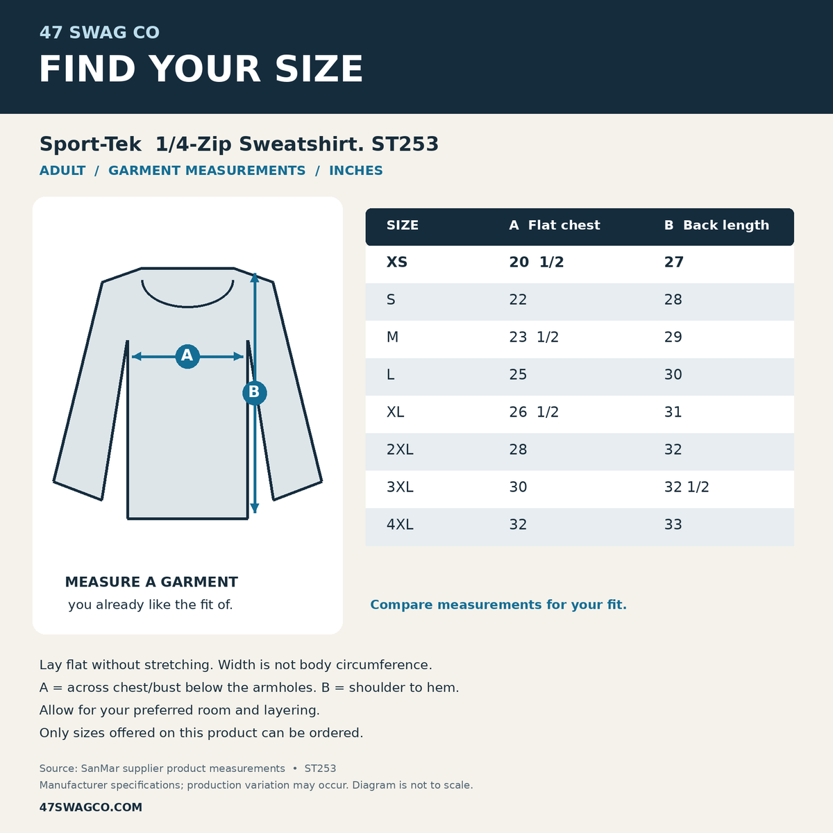 47 Swag Co ST253 garment size chart in inches with measurement diagram. Supplier specifications for this exact blank.