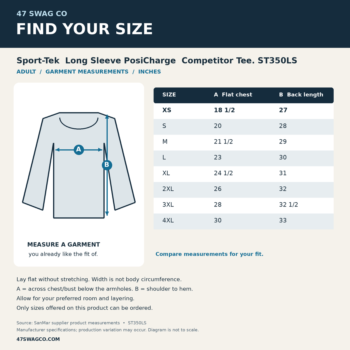 47 Swag Co ST350LS garment size chart in inches with measurement diagram. Supplier specifications for this exact blank.